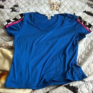Eye candy, blue crop top with checkered sleeves with pink